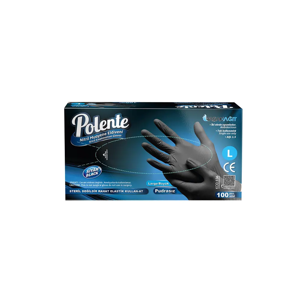 Polente Nitrile Examination Gloves (L, Powder-Free, Black)