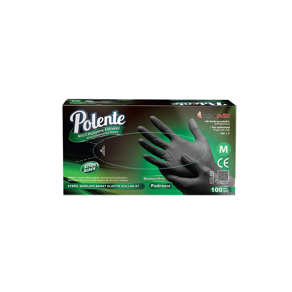 Polente Nitrile Examination Gloves (M, Powder-Free, Black)